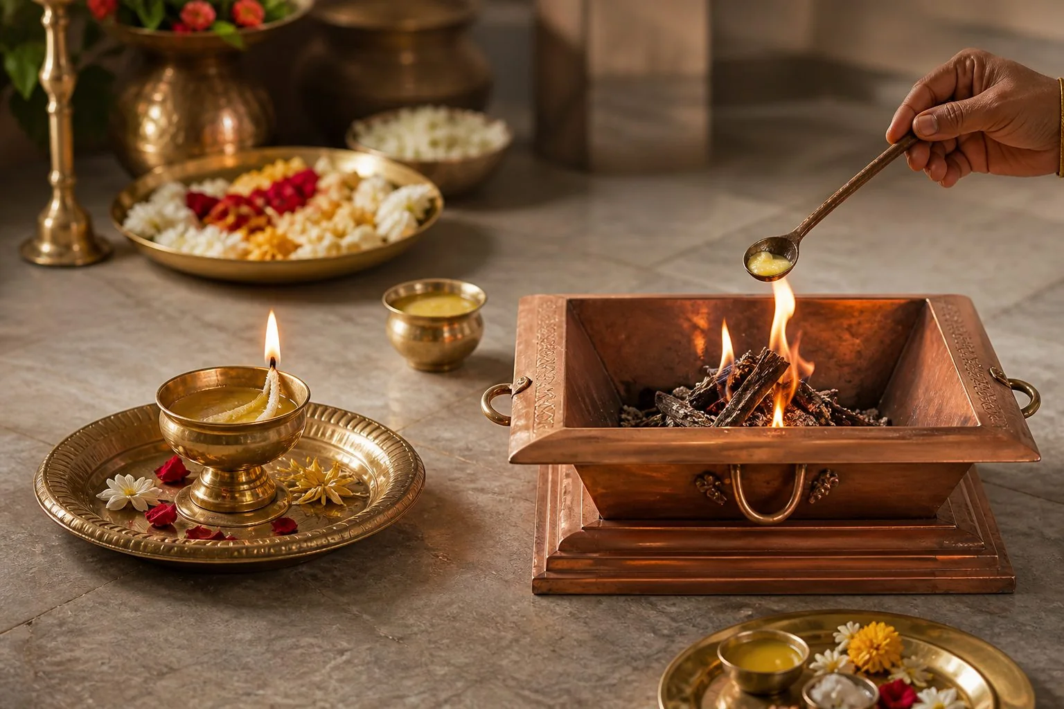 घी के दीप और हवन में नपी हुई आहुति का व्याख्यात्मक चित्र