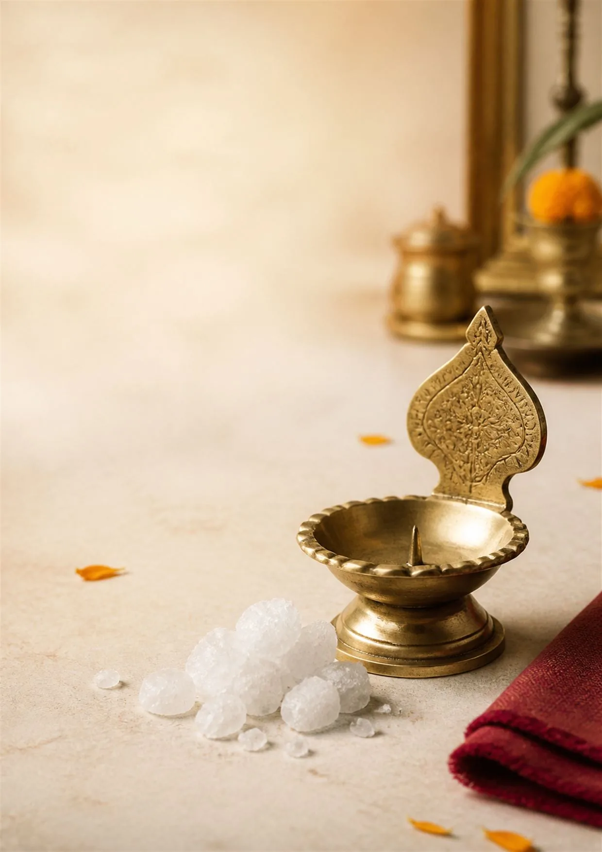 Unlit white camphor crystals beside a traditional brass Aarti holder