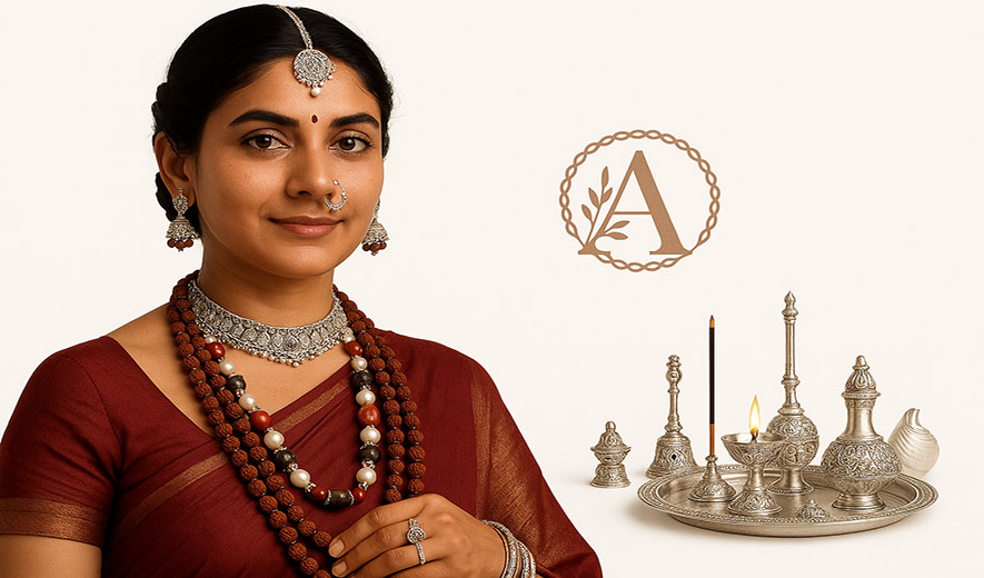 Traditional Indian Woman Wearing Spiritual Silver Jewellery by Avyani Silvercraft