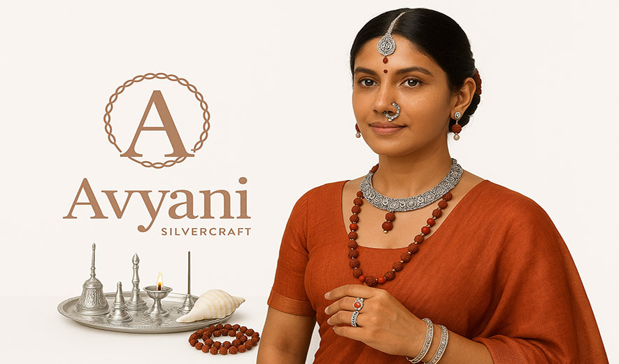 Indian Woman Wearing Spiritual Silver Jewellery with Silver Puja Items by Avyani Silvercraft
